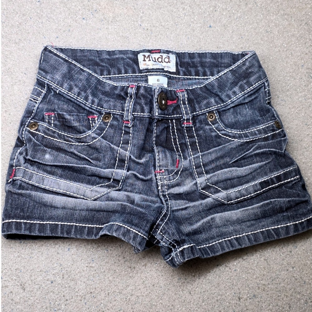 Mudd Girls Denim Shorts Dark Wash Thick Stitch Embroidered Pockets Size 6 Y2K